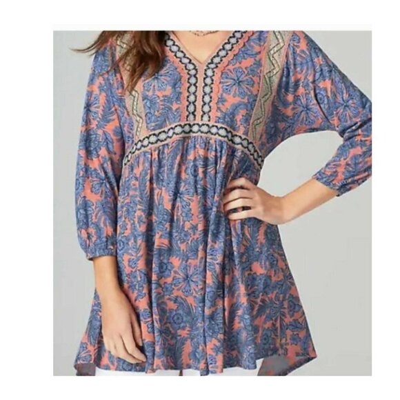 J. Jill Women's Tunic Top Crochet Trim Floral Tie-Back Blouse Boho Oversized XS - Picture 1 of 12